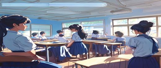 女仆教育课堂场景，学员在明亮教室内学习标准礼仪姿态，靛蓝色系专业氛围